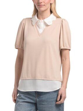 ADRIANNA PAPELL Scalloped Embroidered Collar Knit Moss Crepe Twofer Top